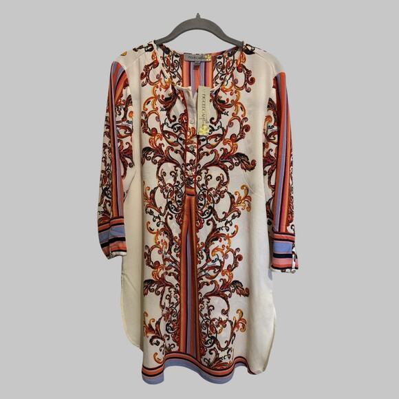 Figueroa & Flower Floral Bohemian Baroque Striped Mixed Media Popover Tunic M - Picture 1 of 9